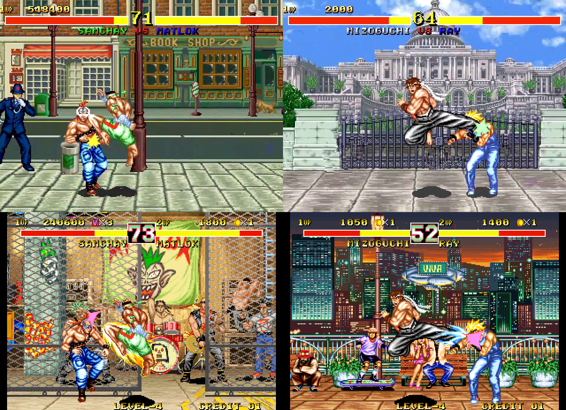 Screenshot comparison of two special moves, Samchay's Ti Kaukoun and Mizoguchi's Renzoku Keri. Fighter's History on the top, Fighter's History Dynamite on the bottom.